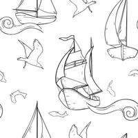 Marine graphic seamless pattern of various water transport. Nautical repeating texture of curly waves and boats black and white line art. Sailing ships birds fish endless monochrome background vector