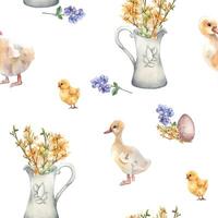 Easter watercolor seamless pattern with colorful eggs and first spring flowers isolated on white. Flowers in jug with farm pets hand drawn for Easter design. Chick, gosling painted for textile. vector