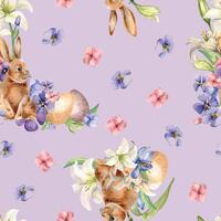 Easter rabbit, eggs and flowers seamless pattern isolated on neutral. Watercolor hare and blue, pink flowers hand drawn. Print of white lily hand painted. For design textile, package, wrapping paper vector
