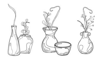 Clay vases with long stems in set black white illustration isolated. Ink silhouette pot and floral elements in line art. Bowl line contour hand drawn. Element for ceramics class, modeling clay. vector