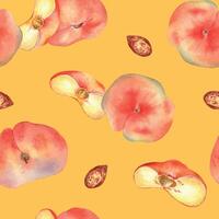 Watercolor seamless pattern with fig peaches and slice isolated on yellow. Whole ripe and half fruits. Chines peaches hand drawn. Design element for package, textile, wrapping paper, fabric. vector