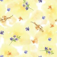 Seamless pattern with flowers hand drawn. Yellow blossom branches isolated on watercolor background. First spring flowers blue and yellow color. Spring flowers for Easter design, package, textile. vector