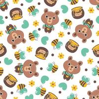 Seamless pattern with a teddy bear, a barrel of honey, bees and hearts. In cartoon style, in color. Children's background vector