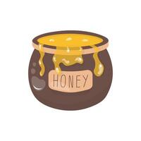 Pot of honey in cartoon style. In cartoon style. In color. Greeting card and print pattern, for fabric textiles kids. Stock isolated illustration on white background. vector