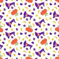 Seamless halloween pattern with pumpkin, hat, heart, moon, stars and flowers. Colorful cute hand drawn seamless pattern background In doodle style, on a white background. vector