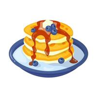 illustration of a plate with pancakes, blueberries, butter and syrup, isolated on white. Traditional sweet american breakfast. In hand-drawn style. vector