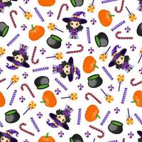 Seamless pattern with witch, cauldron, pumpkin, lollipops and candies. Halloween background. In cartoon style, on a white background vector