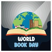 World book day 23 april. Stack of colorful books with open book on teal background. Flat modern illustration vector
