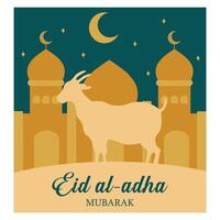 Eid Al-Fitr Mubarak. Greeting card with sacrificial lamb and crescent moon on cloudy night background. flat modern illustration vector