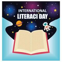 International Literacy Day Square with open book and outer space. Flat modern illustration vector