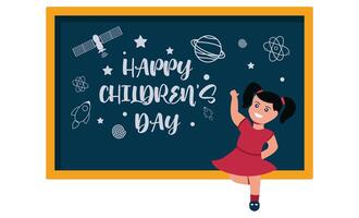 Girl drawing doodles on the blackboard. International children's day. Flat illustration. vector
