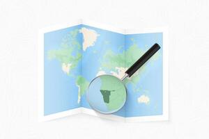 Enlarge Namibia with a magnifying glass on a folded map of the world. vector
