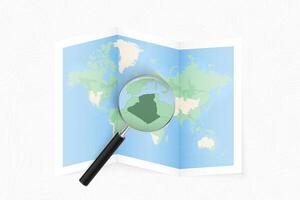 Enlarge Algeria with a magnifying glass on a folded map of the world. vector