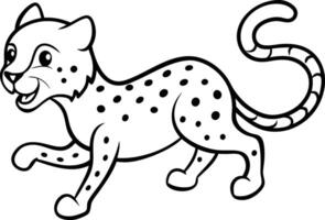 Cheetah coloring page fun, black-and white illustration for kids to color and learn about this fast, wild animal. vector