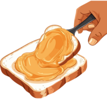 A hand is holding a spoon and dipping a piece of bread into peanut butter png
