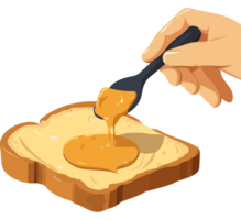 A person is holding a spoon and pouring peanut butter on toast png