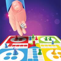 A game with a game board with a person playing dice. Ludo Board Game vector
