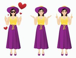 Girl Character design with red heart, Enjoying, wearing cap, sunglasses different poses with Background vector