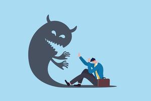 Fear, anxiety or panic attack, afraid of mistake, scared or nightmare suffering, depression or dread, worry or trouble causing distraught concept, fearful businessman afraid of evil monster shadow. vector