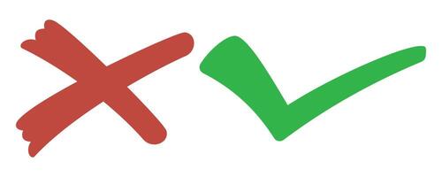 Tick and cross signs. False and true, right and wrong. Correct and incorrect, accept and reject. Green tick OK and red X cross. YES and NO. isolated on white. Digital content vector