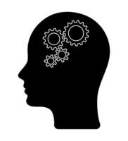 Human head and three gears inside. Technological diagram of engineering gears inside the brain, artificial intelligence. Human head mind thinking. vector
