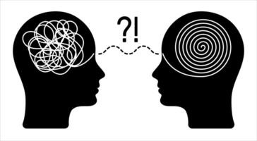 Two heads of a person with opposite mentality. Positive and negative thinking. Medical psychological counselling. The concept of chaos and order in thoughts. The relationship of two people. vector