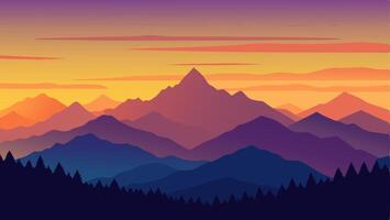 Mountains Landscape with Multiple Layers, Fog and Yellow, Blue and Purple Sky - with Space vector
