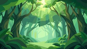 Green and Yellow Forest Background with lots of Tress, Plants and Sun Rays Touching the Plants and Trees. vector