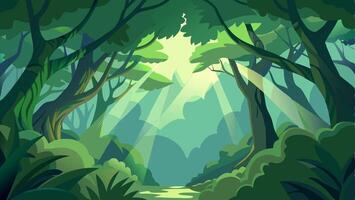 Forest Green Background with lots of Tress, Plants and Sun Rays Touching the Plants and Trees. vector