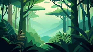 Green Forest Background with layers and lots of Tress, Plants and Sun Rays Touching the Plants and Trees. vector