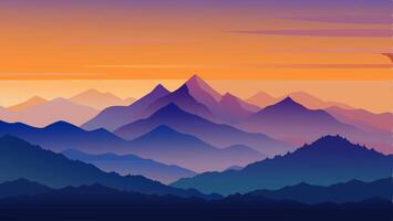 Nature Mountains Landscape with Multiple Layers, Fog and Yellow, Blue and Purple Sky - with Space for Text vector