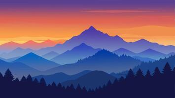Mountains Landscape Background with Multiple Layers, Fog and Yellow, Blue and Purple Sky - with Space for Text vector