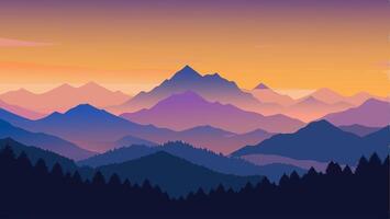 Mountains Landscape Nature Background with Multiple Layers, Fog and Yellow, Blue and Purple Sky - with Space for Text vector