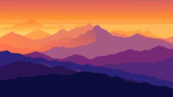 Mountains Landscape Illustration with Multiple Layers, Fog and Yellow, Blue and Purple Sky - with Space for Text vector
