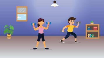 man and woman exercise with dumbbel in home for health illustration soft bright color design vector