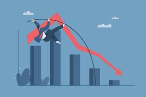 Jumping over the recession, Stocks fall, Overcoming financial problems, Coping with risks, Concepts for dealing with uncertain events, Businessman pole vaulting over a falling graph. design. vector