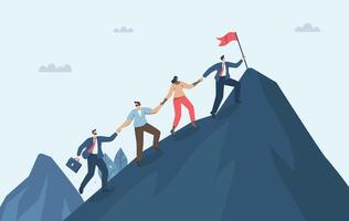 Teamwork of business people, Unity of employees, Difficulties in overcoming success in business, Business team climbs to the top of the mountain, overcomes difficulties and achieves goals. . vector