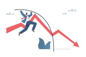 Overcoming financial problems, Jumping over the recession, Coping with risks, Concepts for dealing with uncertain events, Businessman pole vaulting over a falling graph. design illustration. vector
