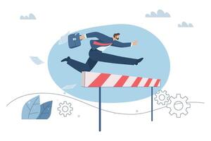 Overcoming difficulties, Overcome obstacles in business, Challenges to achieve business goals, Stepping up to growth, Businessman hurdling over obstacles, design illustration. vector