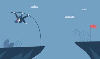 Overcoming difficulties, Overcome great obstacles, Challenges to achieve business goals, Step up to growth, Businessman pole vault over cliff gaps to success. design illustration. vector