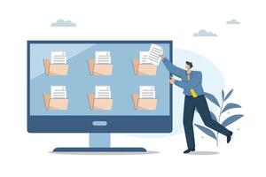 Document management, office files, Business documents, Information storage concept. Businessman stores various important documents on the computer. design illustration. vector