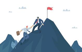 Teamwork, Leadership, Difficulties in overcoming success in business, Helping and supporting colleagues, The business leader reached and helped his team climb to the top of the mountain. . vector