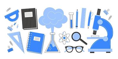 Set of scientific research elements with microscope, test tube, and atom vector