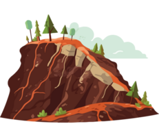 A cartoon illustration of a mountain with trees and rocks png