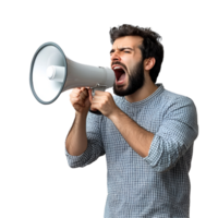 man shouting into a megaphone on a transparent background png