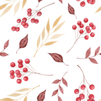 Watercolor autumn seamless pattern with falling leaves and rowan. Botanical repeated texture with floral elements, berries, for the fall season. Fall print with foliage. Natural background. png