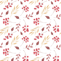 Watercolor autumn seamless pattern with falling leaves and rowan. Botanical repeated texture with floral elements, berries, for the fall season. Fall print with foliage. Natural background. png