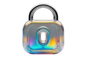 Holographic padlock isolated on transparent background. Element in Y2K style, iridescent mirror surface. Concept of protection and security. png
