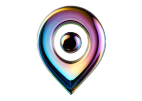 Holographic pin, map mark isolated on transparent background. Holographic iridescent chrome Y2K 3D element, molten metal. Navigation, route. png