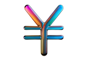 Molten metal element with shiny chrome surface isolated on transparent background. 3D rainbow currency sign, Japanese yen. Finance, money. png